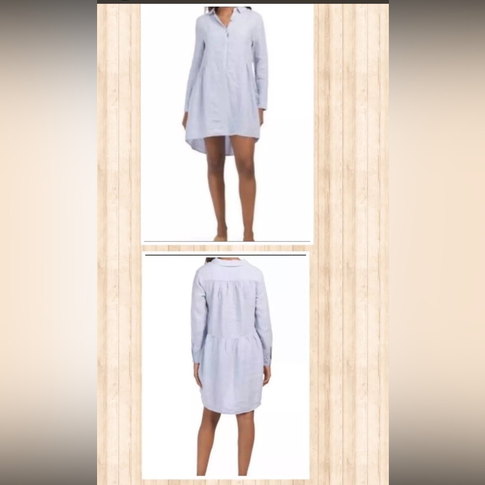 H Halston Dress Women's XS Lt. Gray Linen Peplum Popover Coastal Preppy Dress